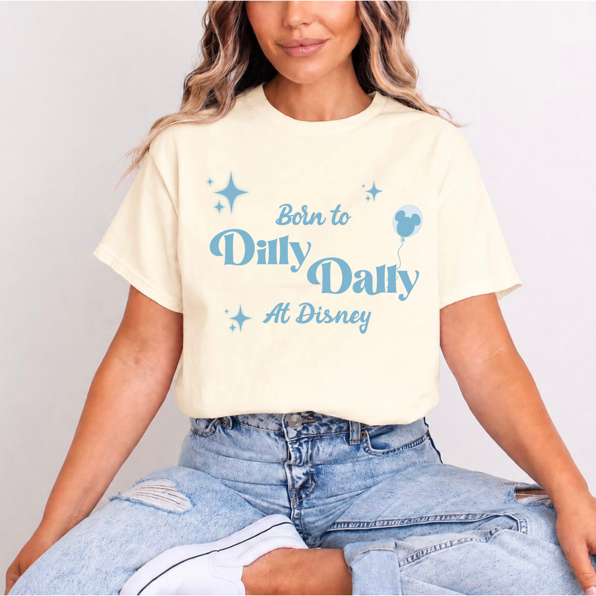 BORN TO DILLY DALLY AT DISNEY BLUE WORDING T.SHIRT Design No. 50