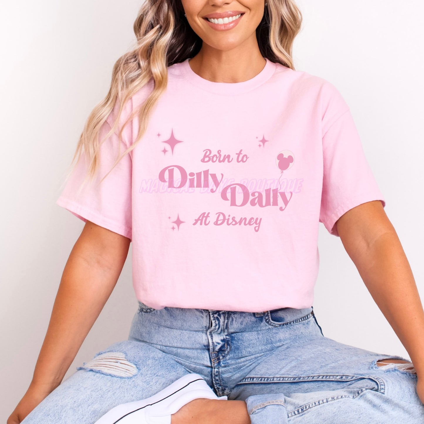 BORN TO DILLY DALLY AT DISNEY PINK WORDING T.SHIRT