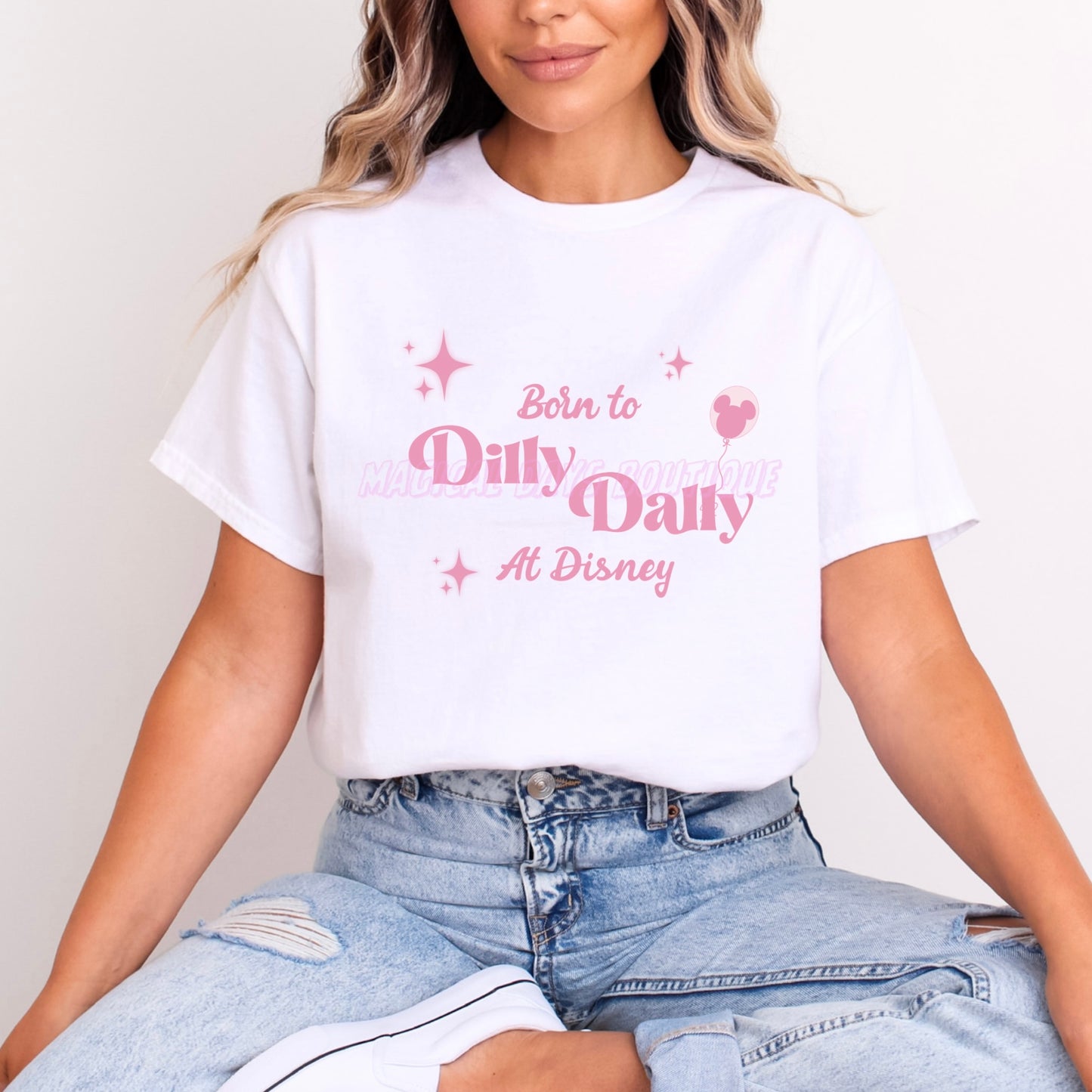 BORN TO DILLY DALLY AT DISNEY PINK WORDING T.SHIRT