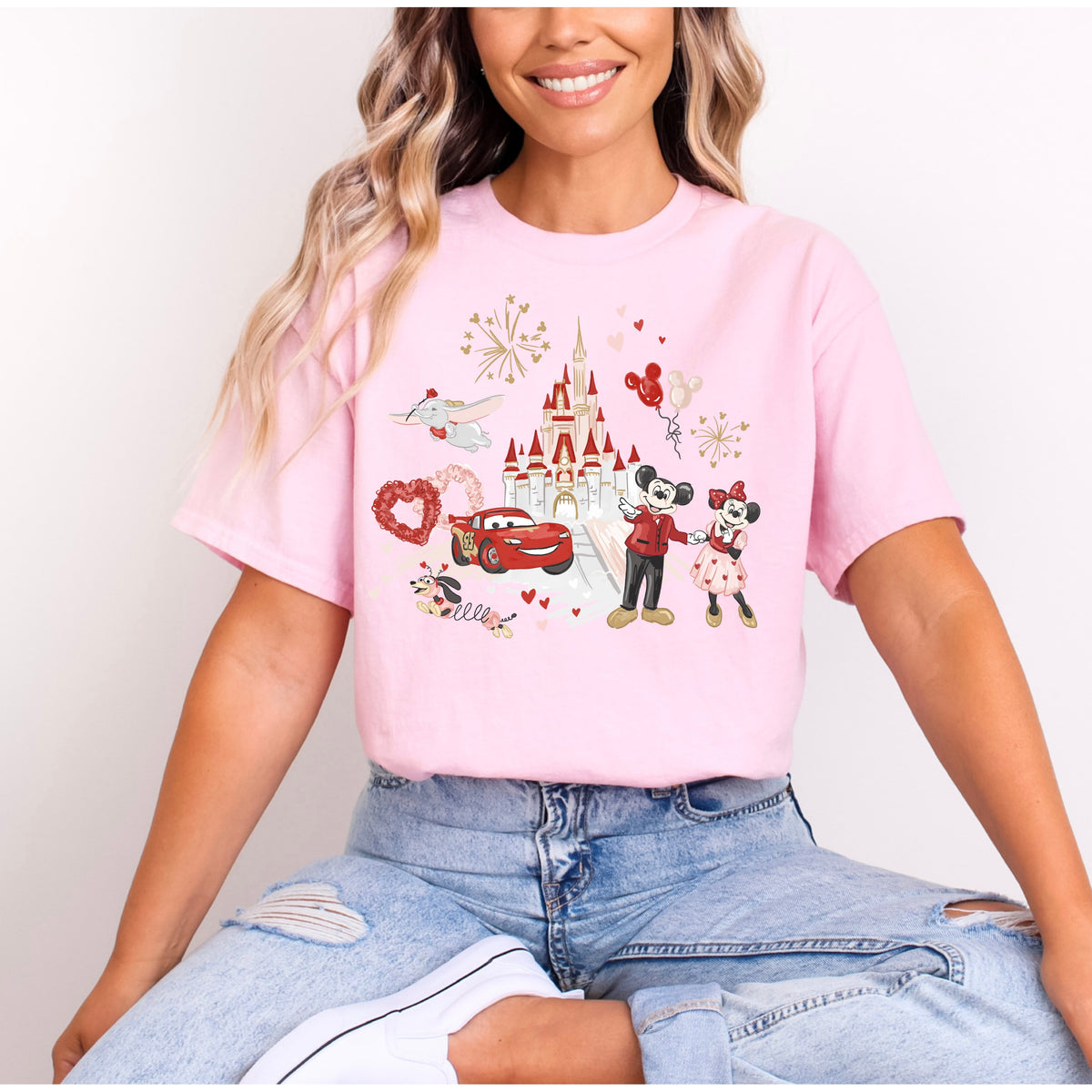 MINNIE MICKEY LIGHTNING MCQUEEN DUMBO SLINKY DOG CASTLE LOVE T.SHIRT
